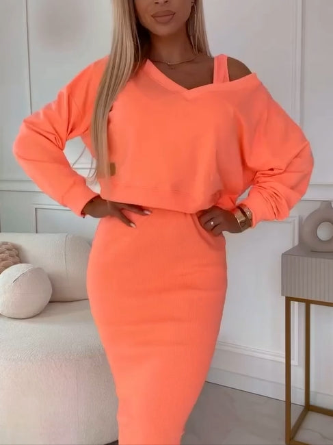 Dames 2-delige Set: Mouwloze Jurk & V-hals Pullover