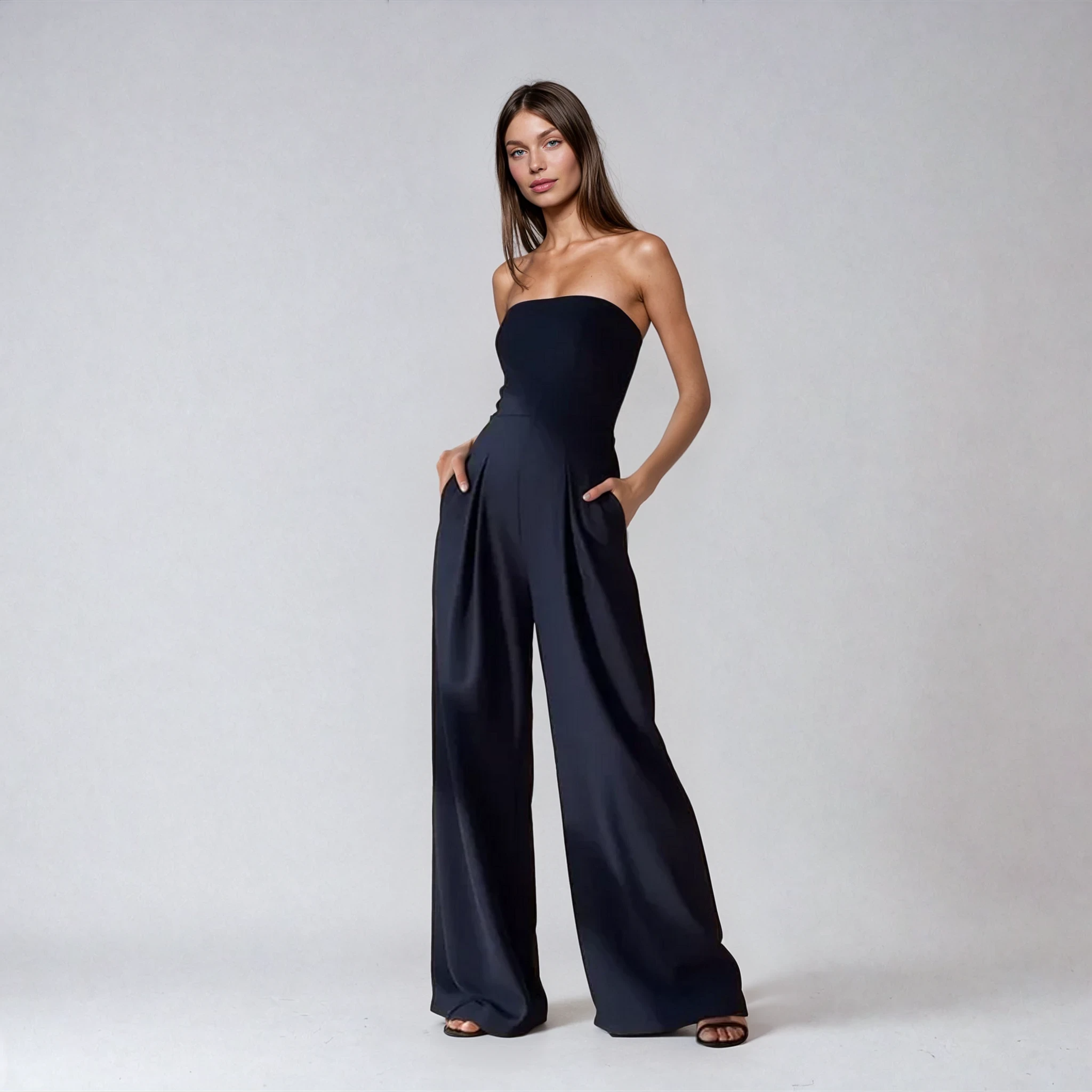 Sovolo-Strapless jumpsuit met wijde pijpen