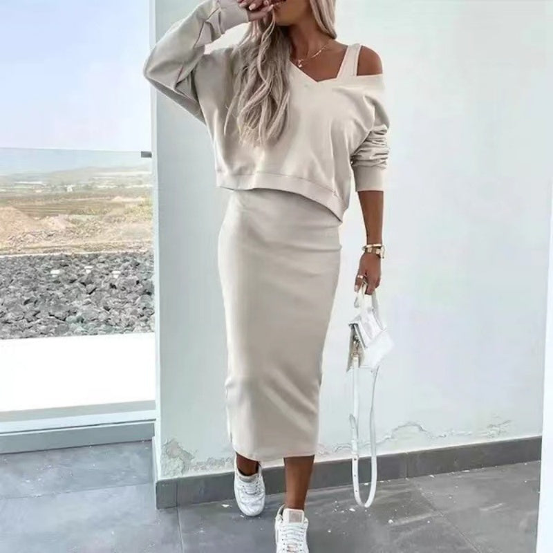 Dames 2-delige Set: Mouwloze Jurk & V-hals Pullover